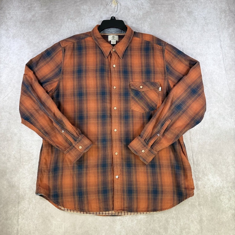 Timberland Shirt Men XXL Rust Navy Plaid Long Sleeve Button Up Regular Fit Lined